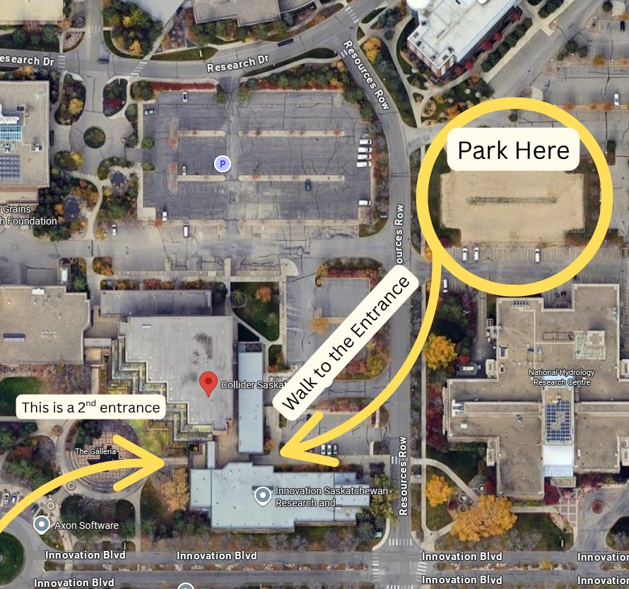 Parking map showing available parking areas at Innovation Saskatchewan R+T Park
